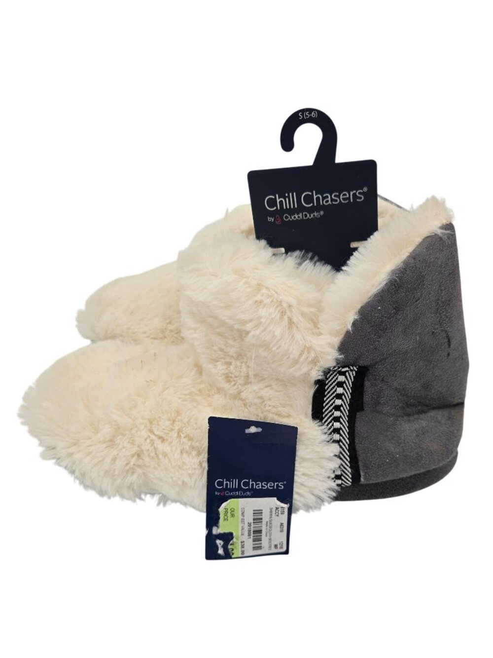 Chill Chasers Cozy Fleece-Lined Faux Fur Bootie Slippers S/M 5-6 Gray/White